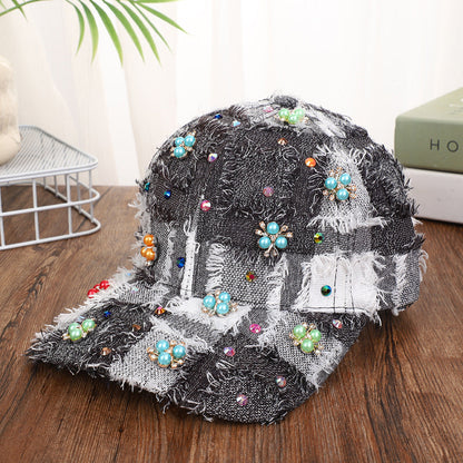 Korean-style Multi-color Fringed Checkered Baseball Cap With Rhinestones And Pearl Flowers, Casual Curved Brim Fedora Hat