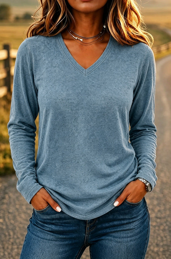 Leisure Pullover V-neck Solid Color Loose Long Sleeves T-shirt