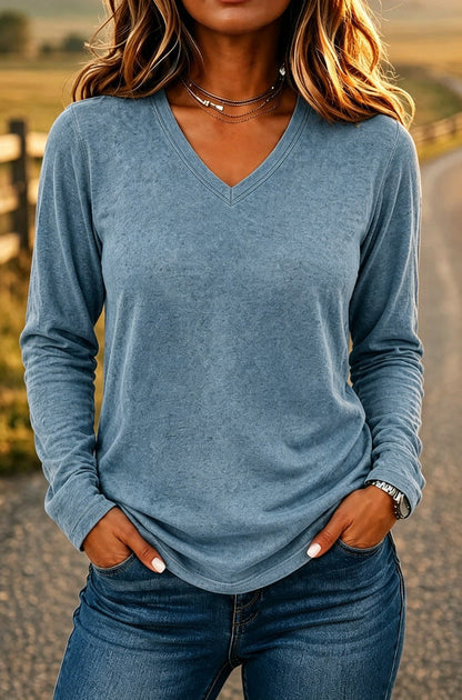 Leisure Pullover V-neck Solid Color Loose Long Sleeves T-shirt