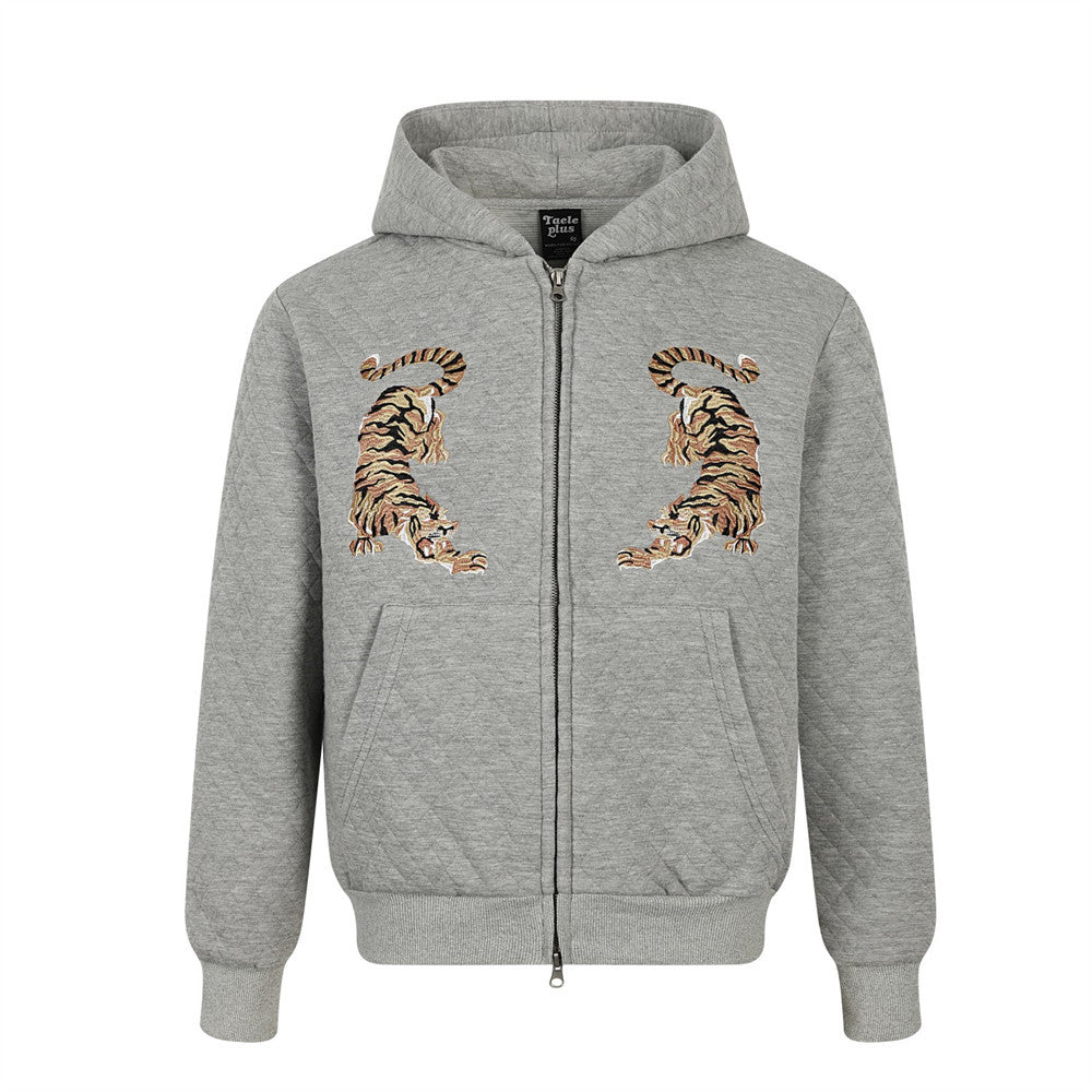 Tiger-Embroidered Rhombic-Check Thickened Hoodie