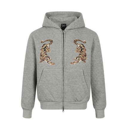 Tiger-Embroidered Rhombic-Check Thickened Hoodie