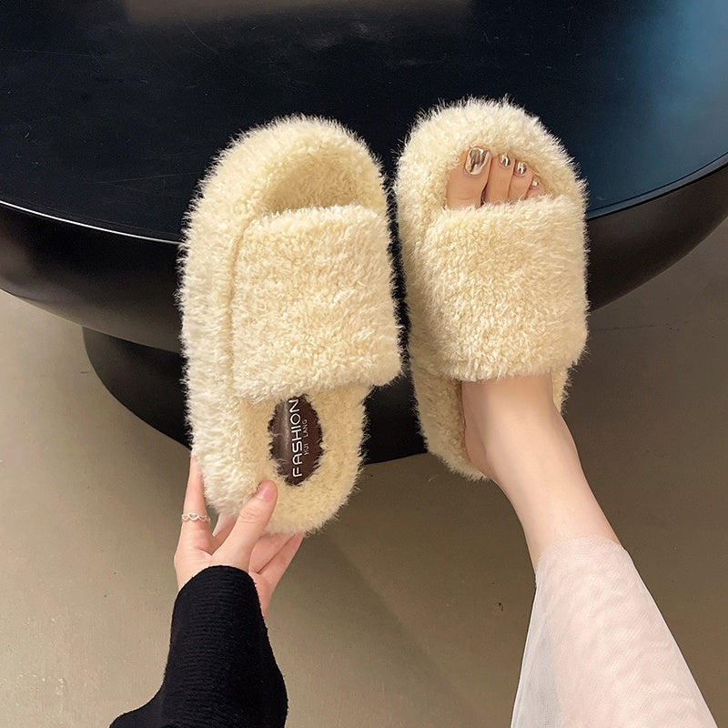 Platform Fall Winter Cotton Slippers 2026 New Fuzzy Slippers Women Outdoor Vintage Fashion Furry