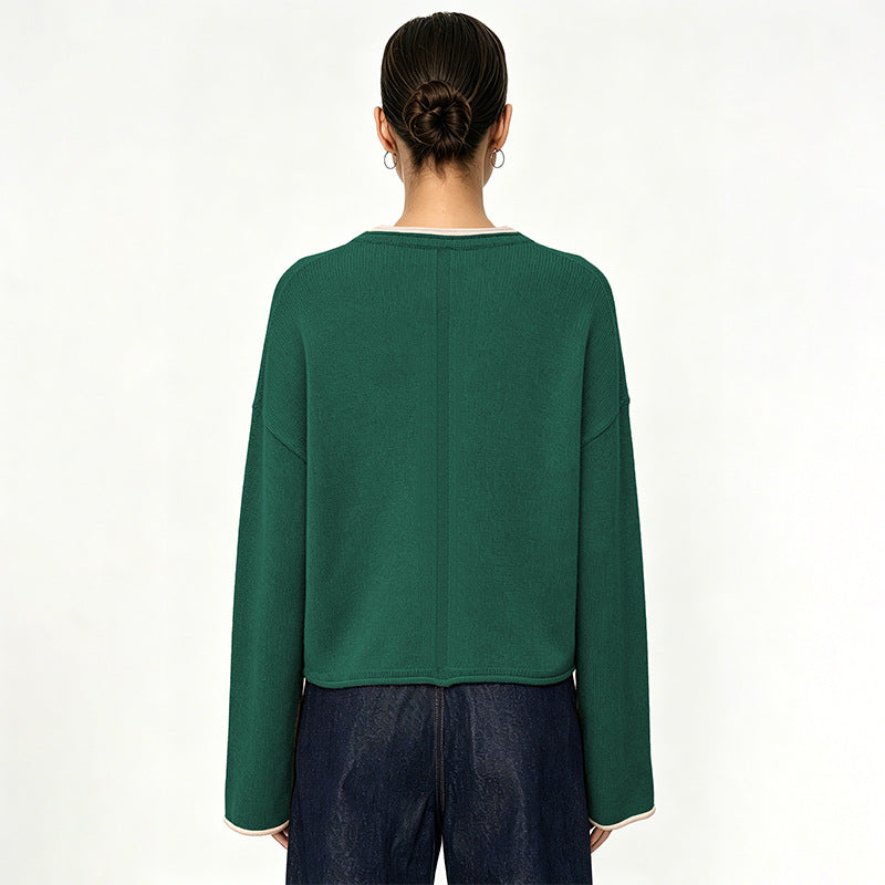 Womens Pullover Sweater Loose-Fit Round-Neck Casual Knit Top