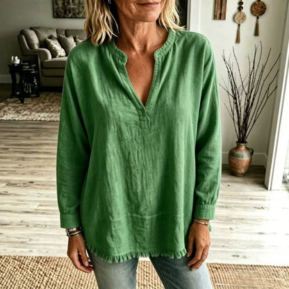 Women Solid Shirt Notch Collar V Neck Long Sleeve Tassel Fringe Hem Loose Casual Blouse Tops Spring Summer