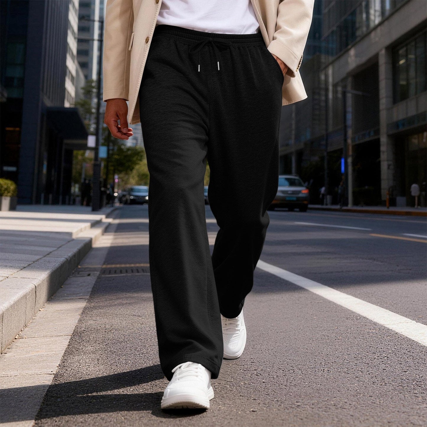 Mens Solid-Color Drawstring Straight-Leg Sweatpants