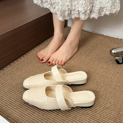 Slope Heel Splicing Slippers For Women, Woven Half Slippers For Outerwear, Square Toe Shoes