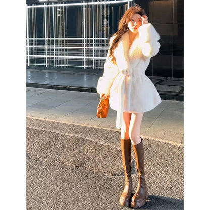 Womens Mid-Length Fur Coat With A Large Fur Collar And Tied Belt