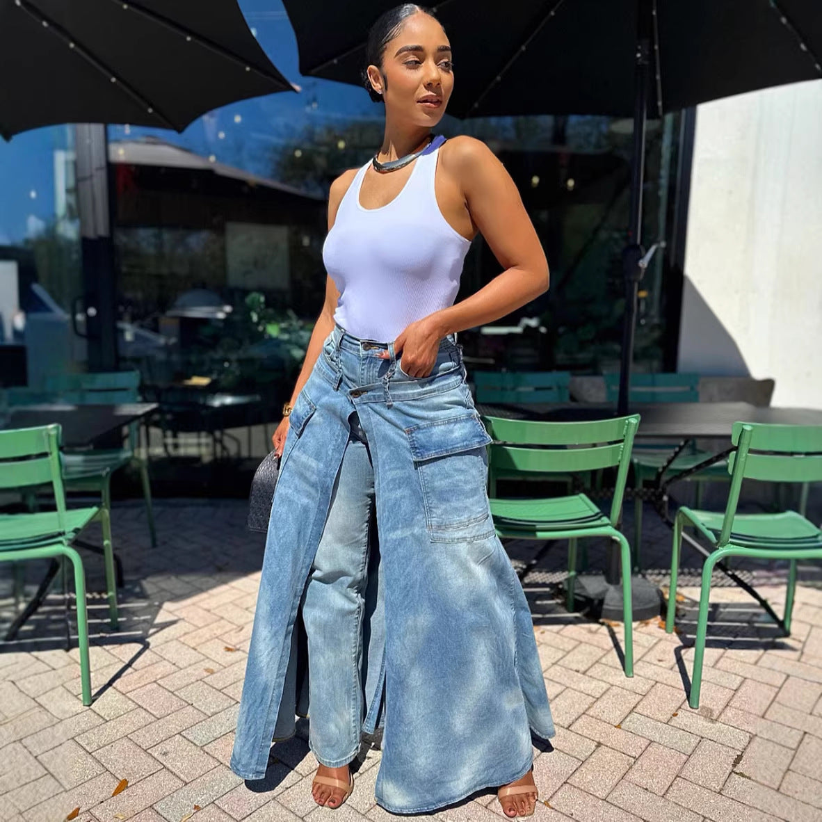 Womens Faux Two-piece Denim Jean Skirt