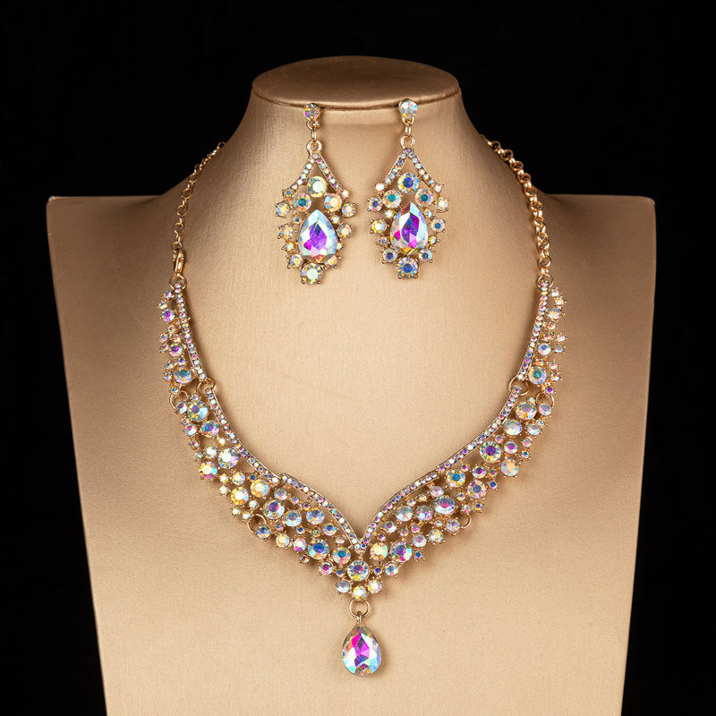 Elegant Bridal Alloy Diamond Crown Set with Exquisite Earrings and Necklace in 5 Colors