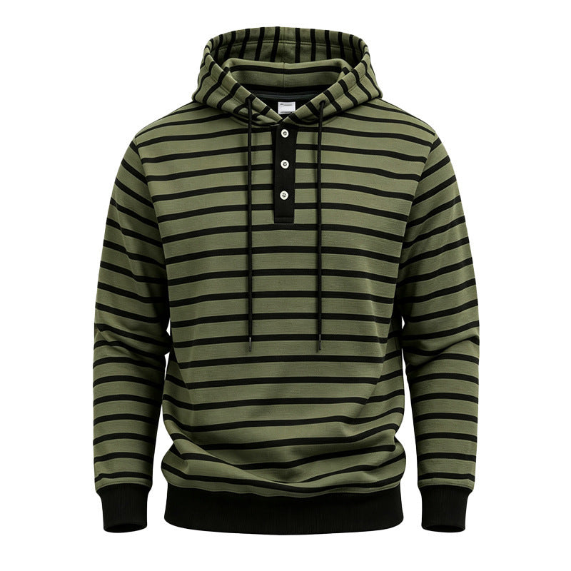 Mens Loose-Fit Striped Hoodie With Three Buttons