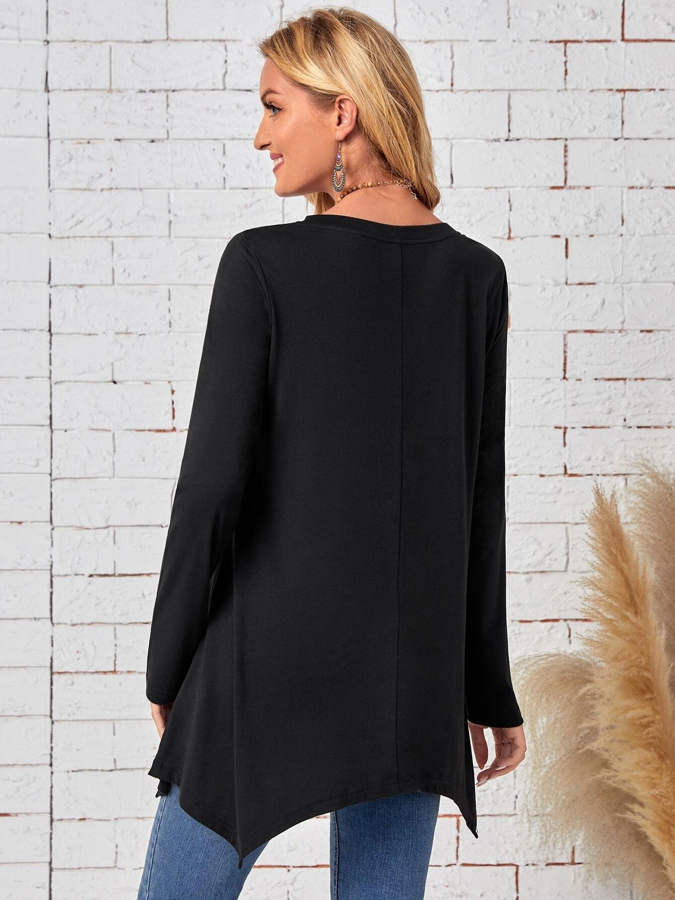 Solid Color Long Sleeve Irregular Fashion Round Neck Top Women's Clothing