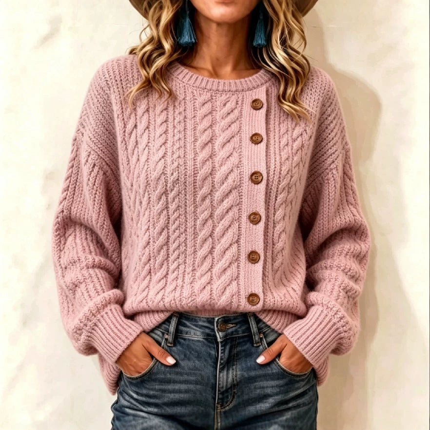 Womens Knitted Casual Comfortable Long-Sleeve T-Shirt With Buttons