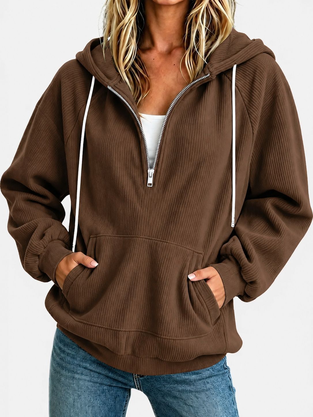 2026 Autumn New European And American Women's Half Zipper Hoodie Loose Long Sleeve Drawstring Casual Top