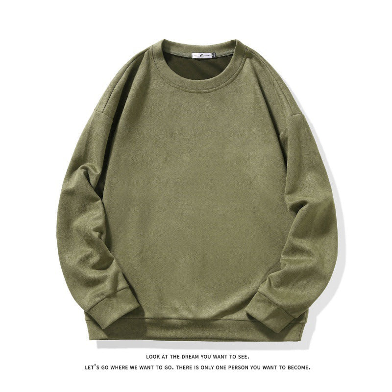 Mens Simple Suede-Brushed Pullover Crewneck Long-Sleeve Sweatshirt