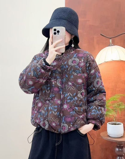 Womens Cotton-Polyester Printed Stand-Collar Coat