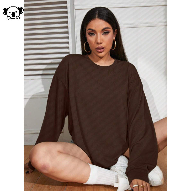 Womens Loose-Fit Solid-Color Plus-Size Long-Sleeve T-Shirt