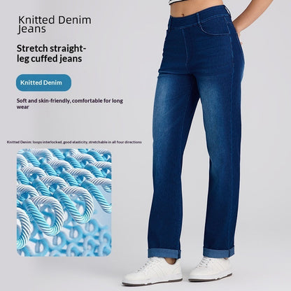 Cuffed Knitted Denim Straight-Leg Pants For Women