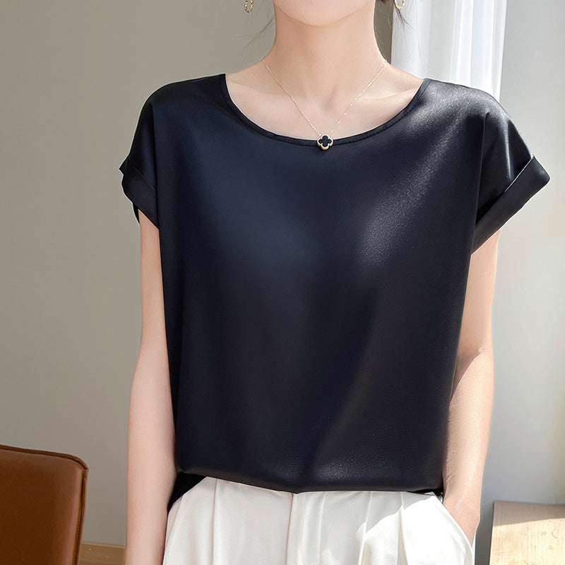 French-style Minimalist Chic Round-neck Short-sleeve Blouse For Women