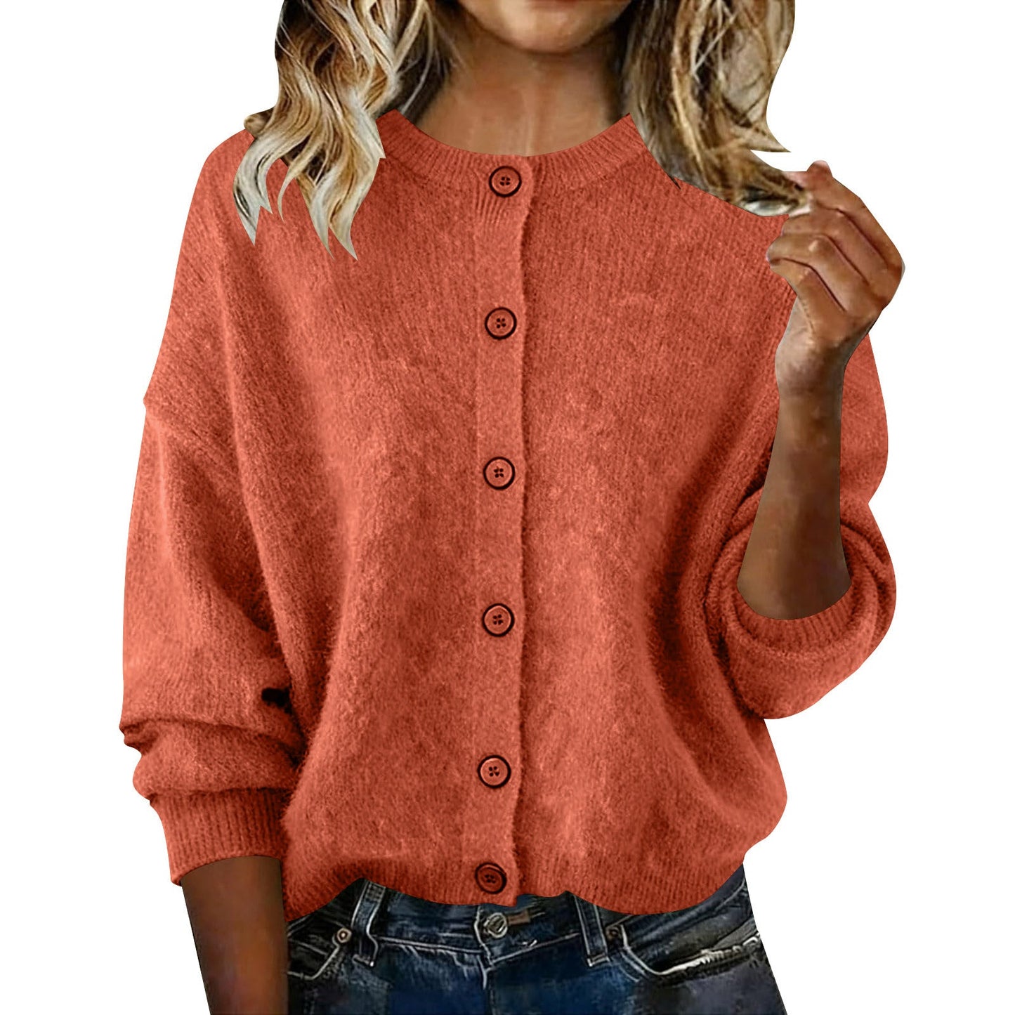 2025 European And American Cross-Border Autumn And Winter Women's Knitted Round Neck Long-Sleeved Pure Color Casual Fashion Knitted Cardigan