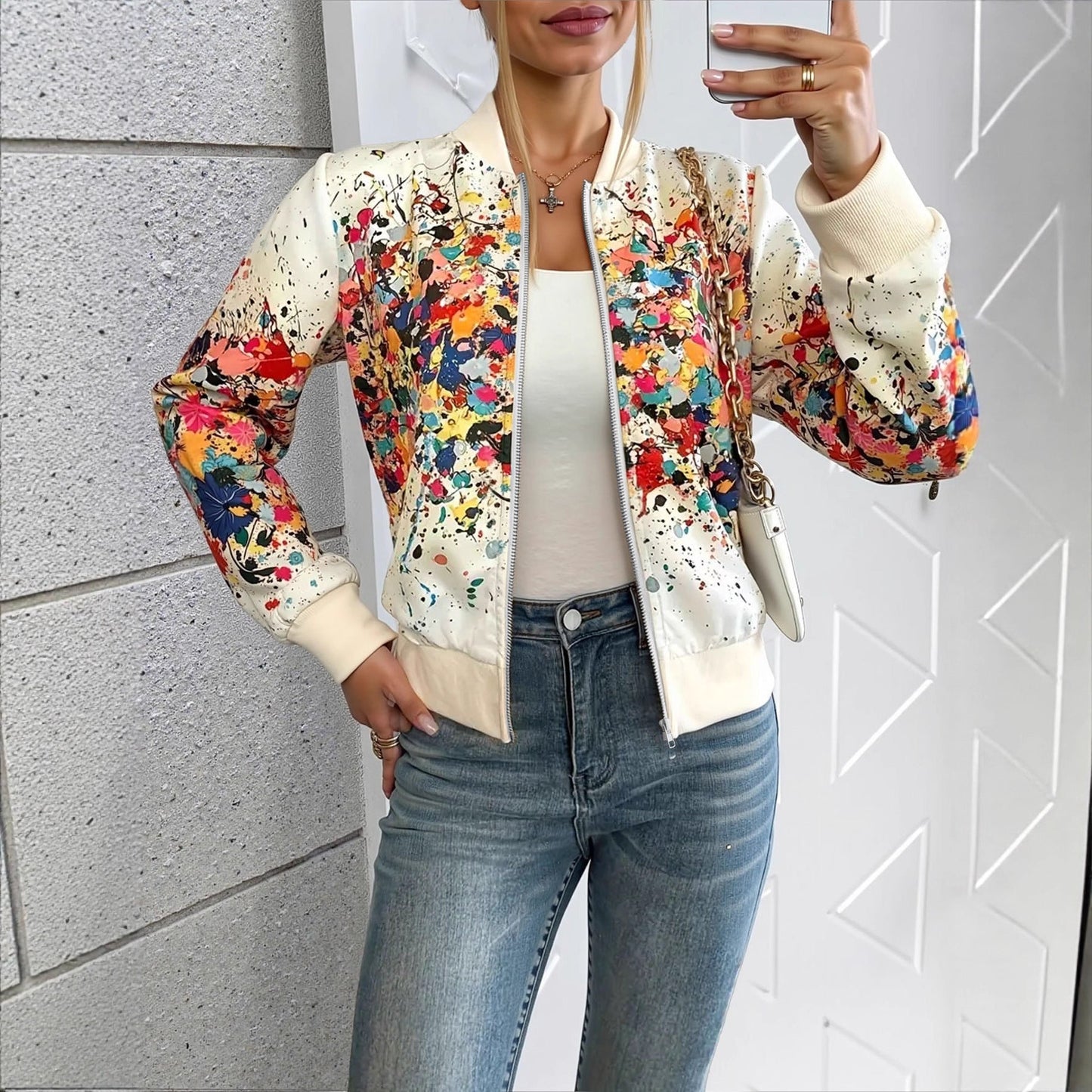 Printed European And American-style Fashionable Zippered Outer Jacket