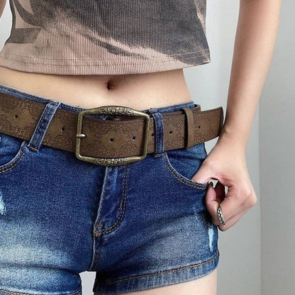 American-style Vintage Embossed Distressed Leather Belt With A Bronze Buckle, Versatile For Jeans