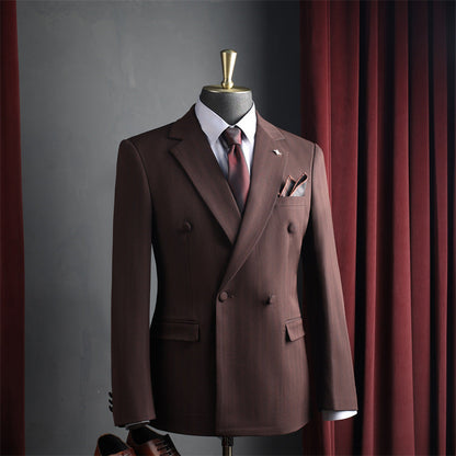 Men Dark Brown Peak Lapel Double Breasted 3 Piece Suit Set