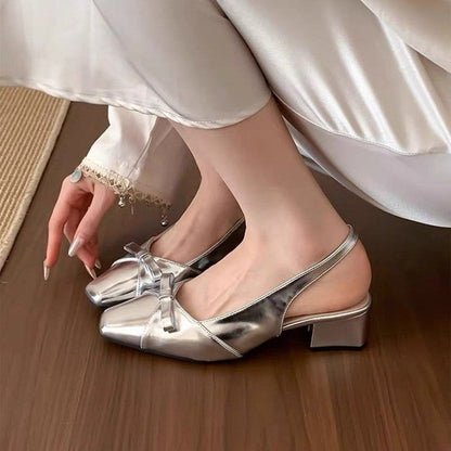 Women French High Heel Silver Closed Toe Sandals 2026 New Summer Elegant Bow Dress Pumps For Ladies
