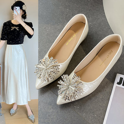 Women's 6cm Invisible Height Increase Mary Jane Flats, French Elegant Pointed Toe Low Cut Slip On Shoes, Rhinestone Floral Decor Dress Shoes For Matching Dresses