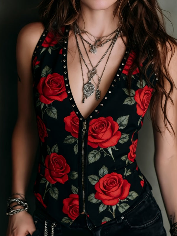 Women's V-neck Zipper Sleeveless Slim-fit Short Vest