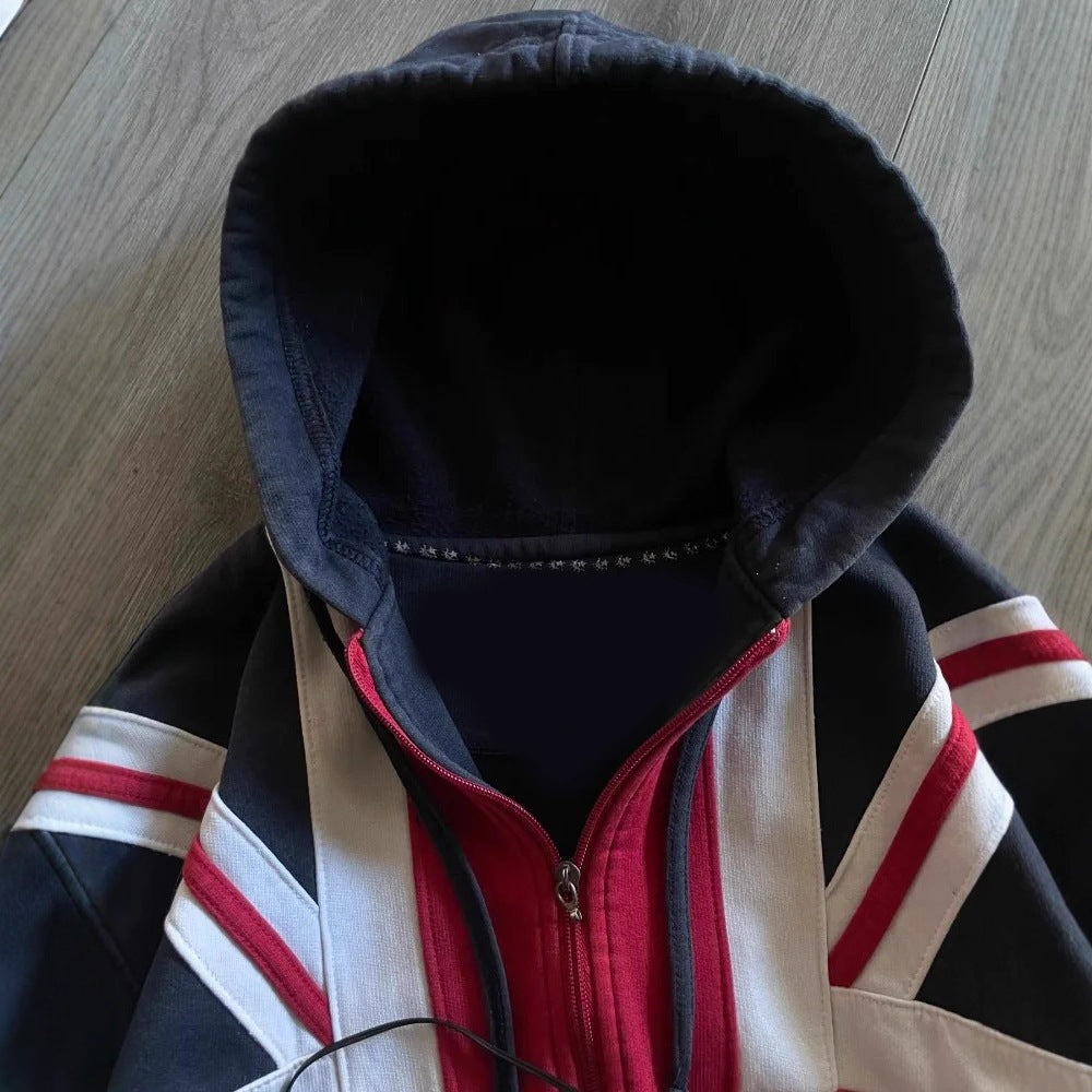 Fashionable Patchwork Hooded Zip-Up Sweatshirt Jacket