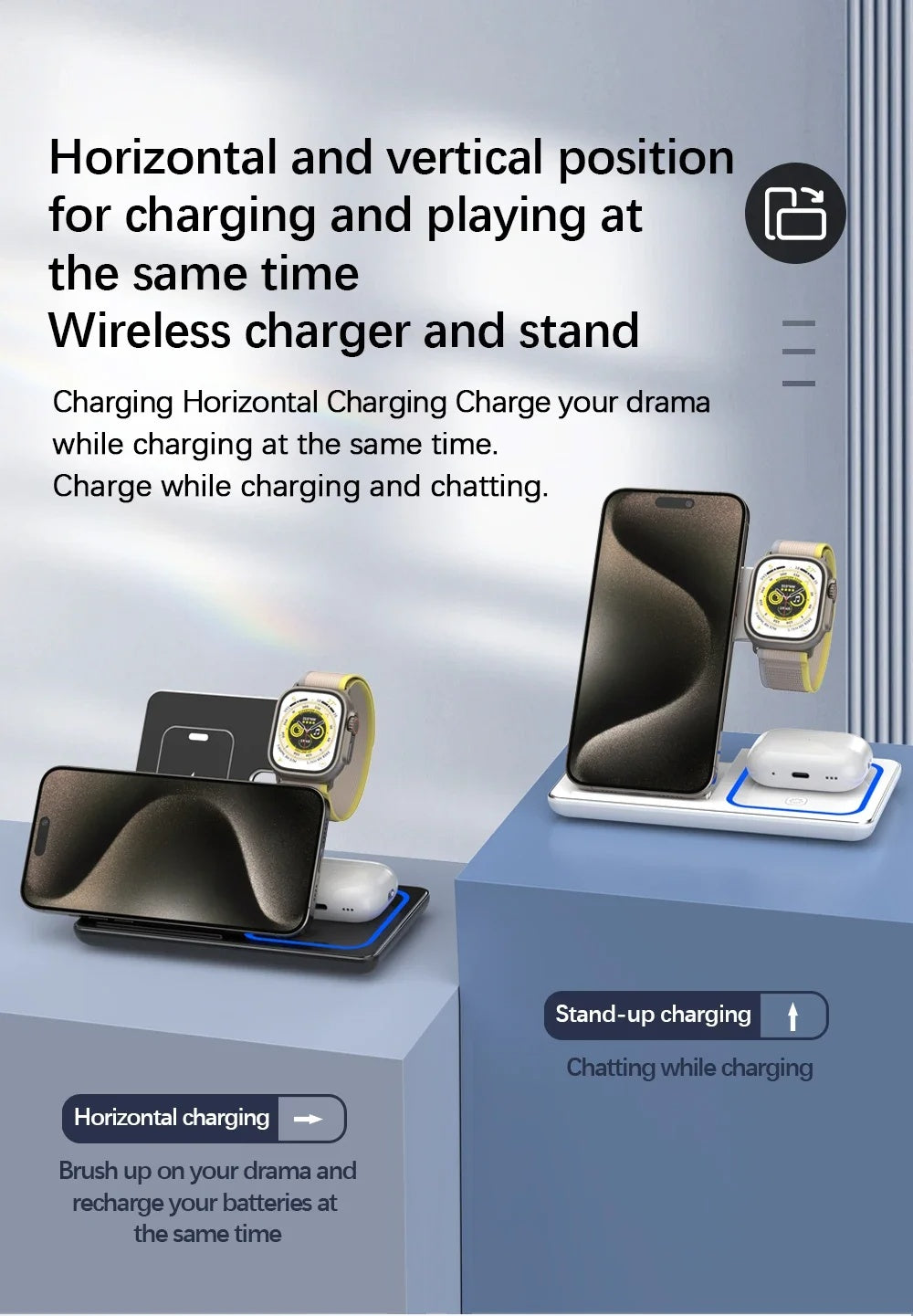 15W 3 In 1 Fast Wireless Charger Stand
