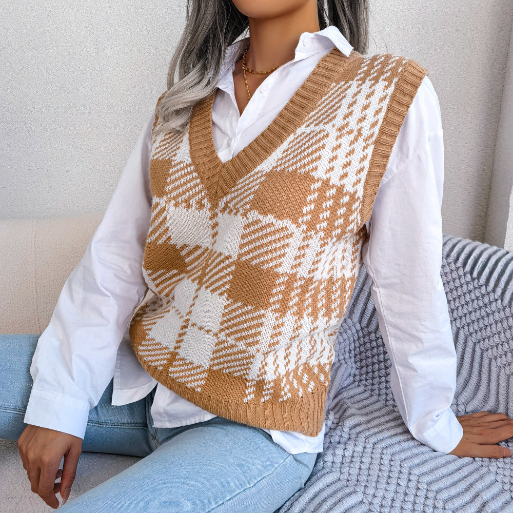 Color-block Plaid Knitted Vest Sweater Waistcoat For Women