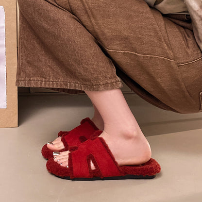 Women's Furry Slide Slippers, New Outdoor Style, Non-Slip Casual Lazy OneStrap Flip Flops For Pregnant Women