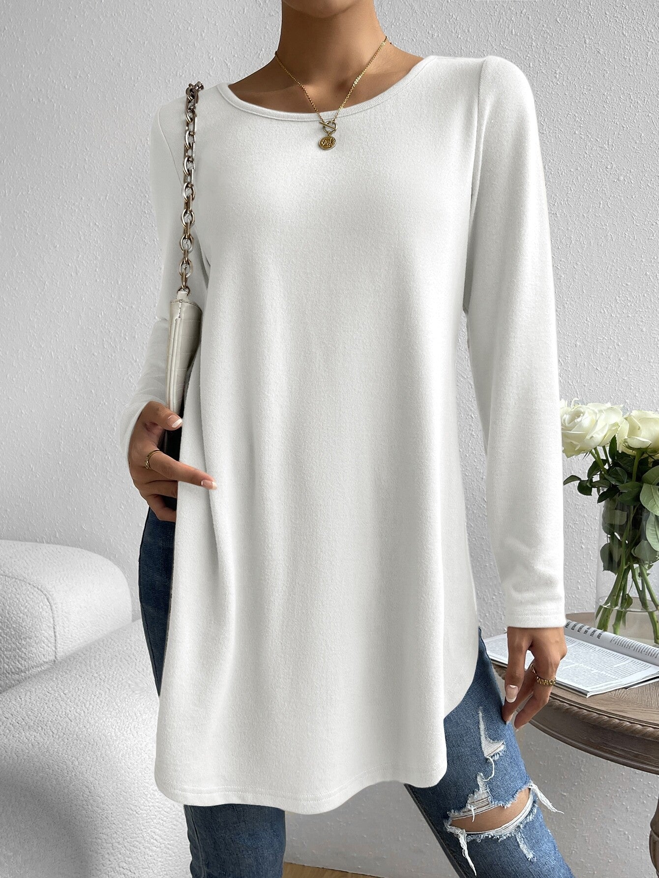 Hot-Selling Women's Autumn And Winter Casual Pure Color Round Neck Long-Sleeved T-Shirt With Slits On Both Sides
