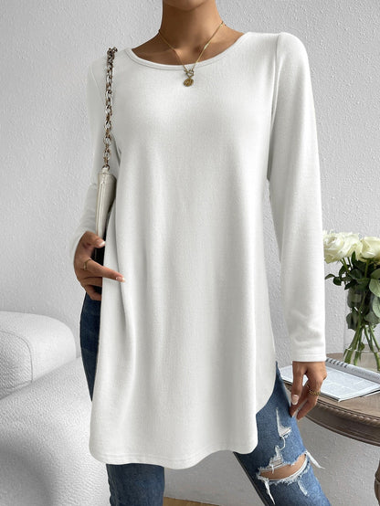 Hot-Selling Women's Autumn And Winter Casual Pure Color Round Neck Long-Sleeved T-Shirt With Slits On Both Sides