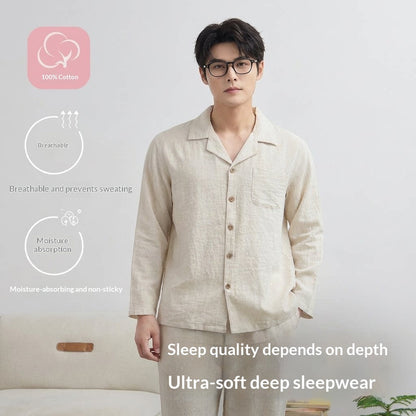 Simple Solid-color Cotton-linen Pajama Set For Couples Spring And Autumn Collection