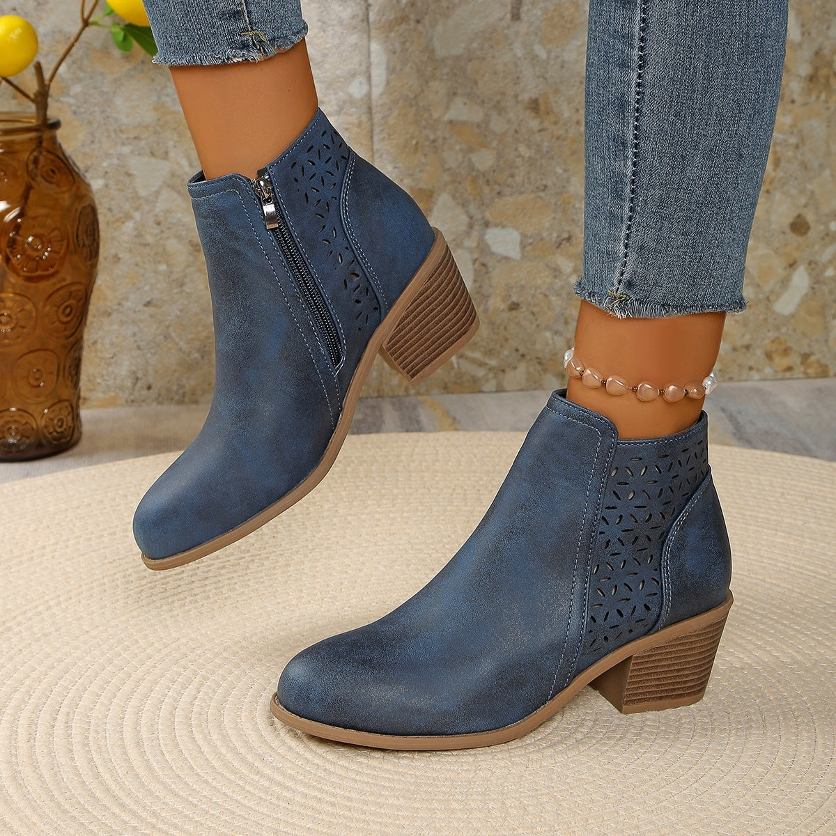 Hollow-out Pointed Toe Low-cut Square Heel Women's Boots