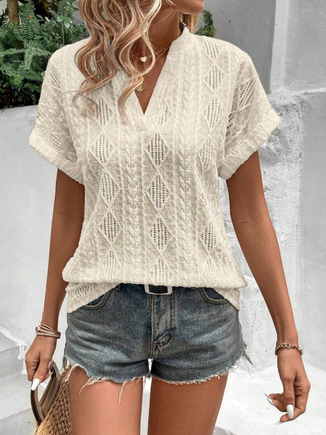 European And American Cross-Border Summer New Casual Hollow Jacquard V-Neck Loose Short-Sleeved Shirt For Women
