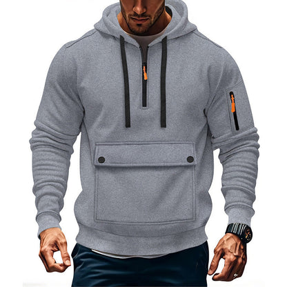 Mens Hooded Sweatshirt Jacket With Zippered Sleeves And Large Pockets
