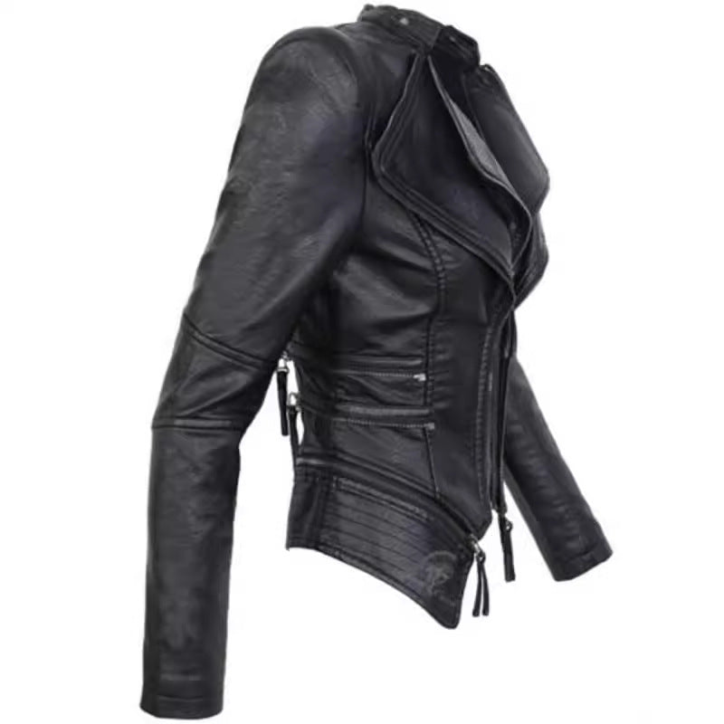 PU Leather Zippered Patchwork Jacket Coats