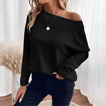 2025 Autum New Women's Clothing Knitted Tops Waffle Slanted Shoulder Pullover T-Shirt
