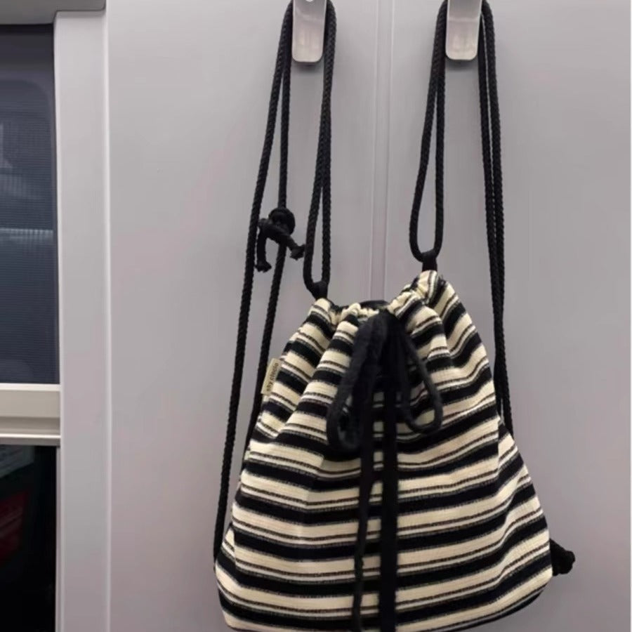 Fashion Black White Striped Drawstring Backpack Ins Lazy Style Large Capacity Canvas Bags Women Cute Campus Schoolbag For Girls
