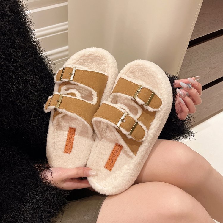 New Plus Size Platform Furry Slippers For Export, Single Strap With Buckle, Fleece Lined Thick Plush Warm Slides For Indoor & Outdoor Use