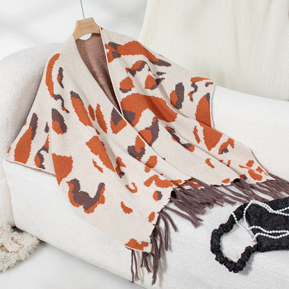 Drizzle-Color Leopard-Print Knitted Tassel CapeShoulder Wrap For Women