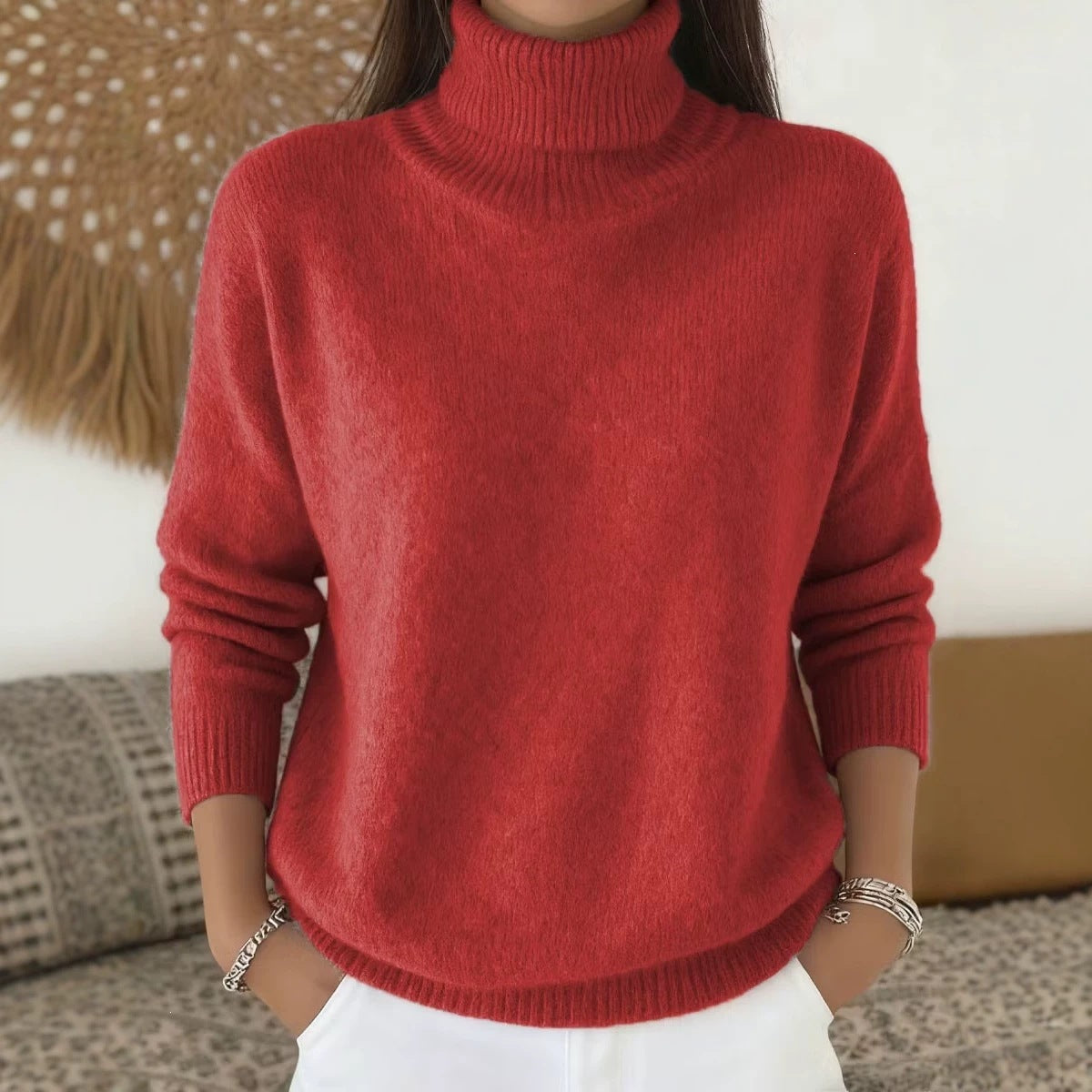 Autumn  Winter New Arrival  Casual Chic Solid Color High-Neck Pullover Knit Sweater