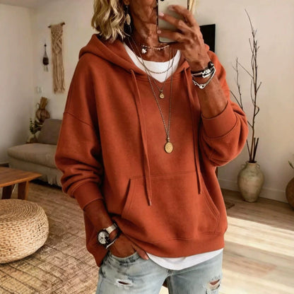 Women Casual Solid Pullover Hoodie Long Sleeve Drop Shoulder Sweatshirt With Drawstring & Kangaroo Pocket Loose Fit Tops