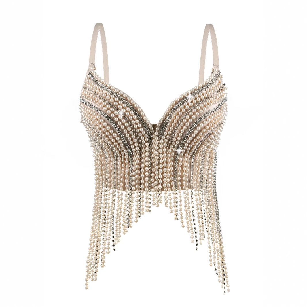 Cross-Border New Pearl Diamond Chain Tassel Suspender Top European And American Summer Sexy Pure Desire Outer Wear Stage Fishbone Bra