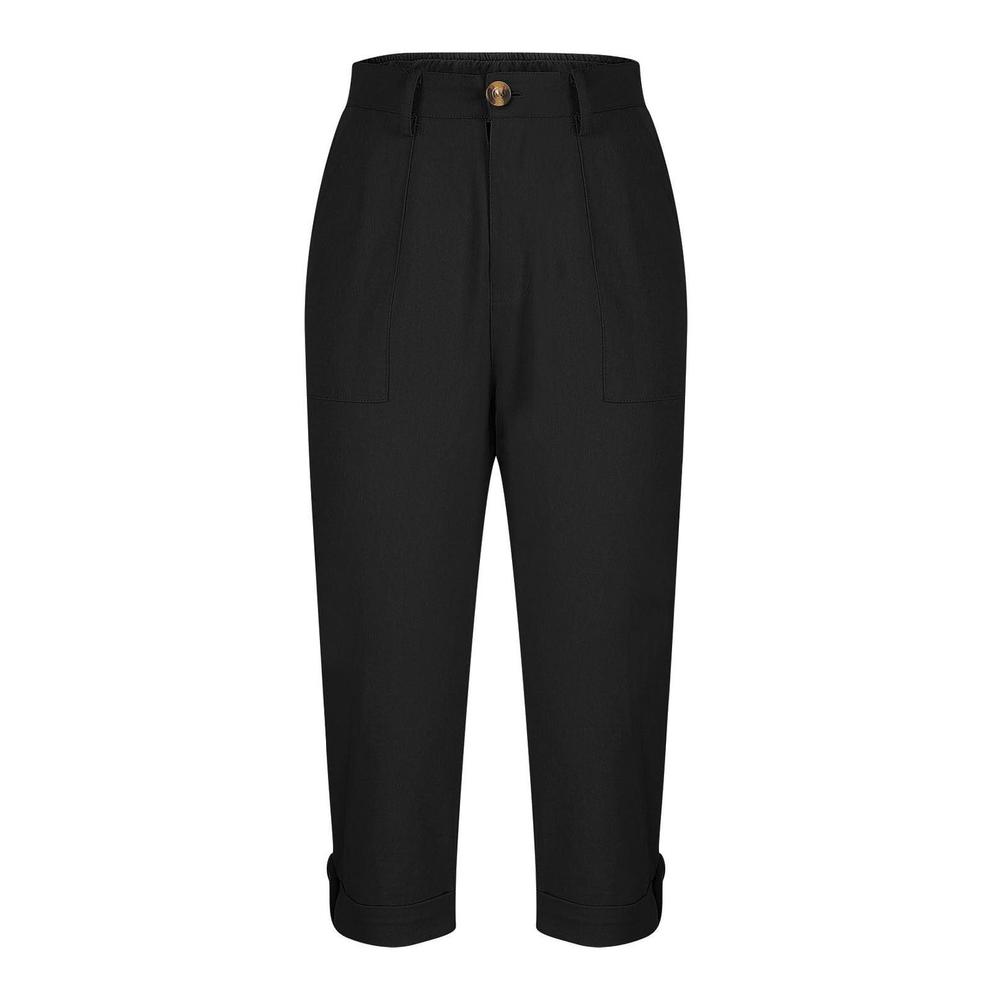 Cross-border Women's Solid Color Workwear Pants Waist Button Pants Ear Design Pants Leg Curled Women's Cropped Pants