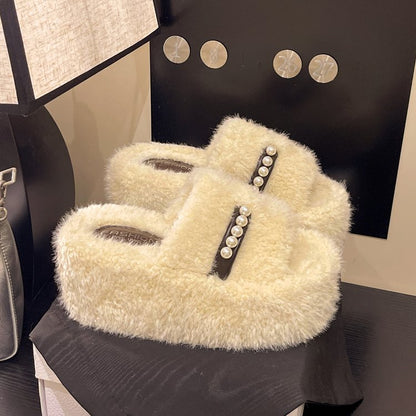 Women's Furry Slide Slippers, New Korean Style Outdoor Wear Pearl Platform Warm Cotton Slippers For Autumn Winter And Spring Summer