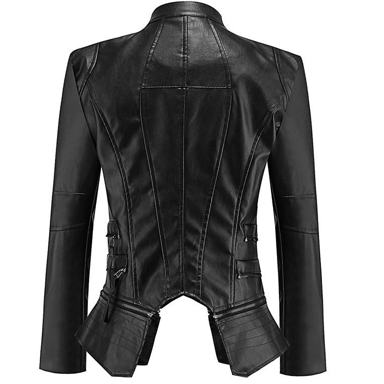 PU Leather Zippered Patchwork Jacket Coats